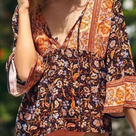 Rust Orange Brown Boho Tassel Tie Flare Sleeve Top - Picture 8 of 9
